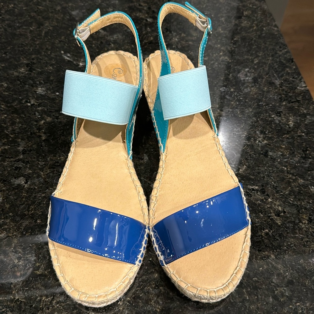 New in Box SIZE 10 Multi Color Blue Wedge Sandals by Carmen Saiz.